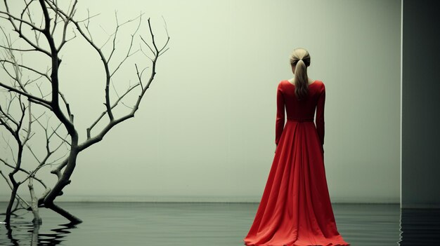 una mujer con un vestido rojo está de pie frente a un árbol.