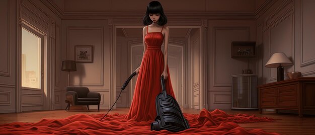 una mujer con un vestido rojo está de pie junto a una maleta