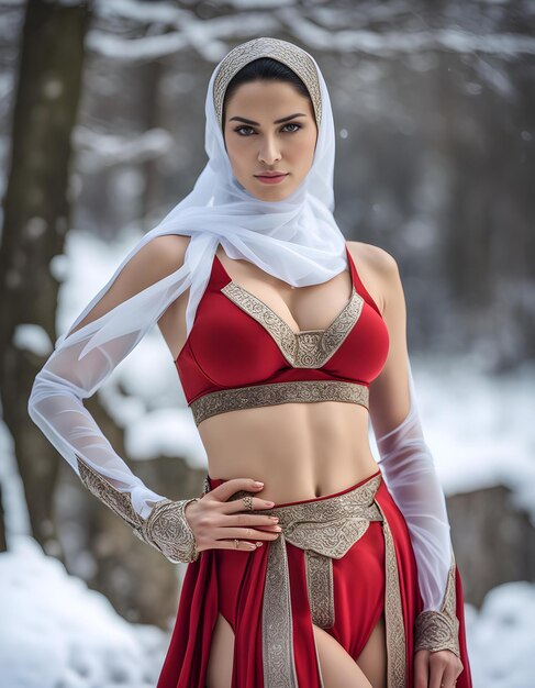 una mujer con un vestido rojo está posando frente a una cascada