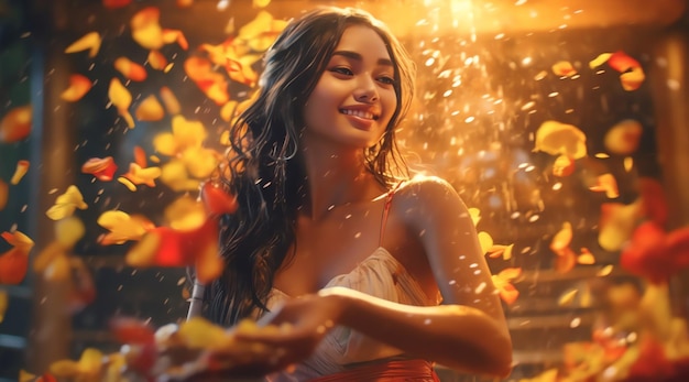 Una mujer con un vestido rojo está rodeada de flores.