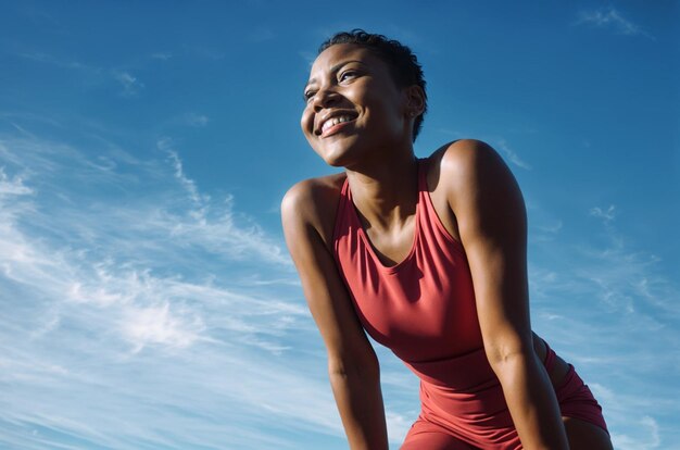 una mujer con un vestido rojo está sonriendo y posando para una foto