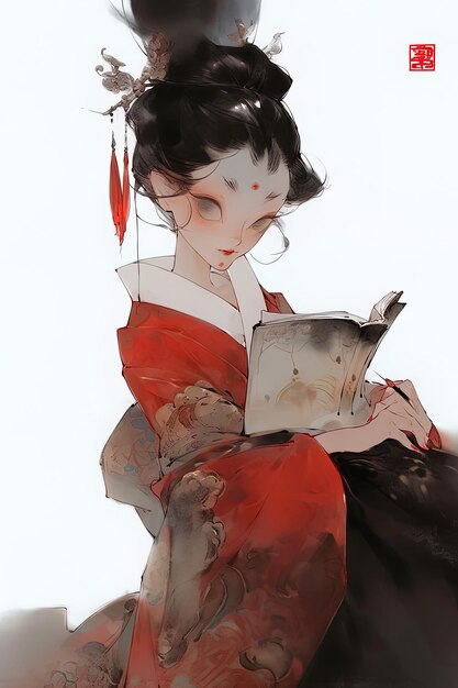 una mujer con un vestido rojo y una faja roja está sosteniendo un libro