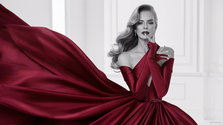 una mujer en un vestido rojo con una faja roja
