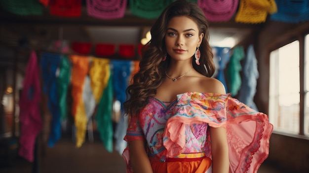 Mujer con vestido rojo con flores en el cabello Mes de la herencia hispana