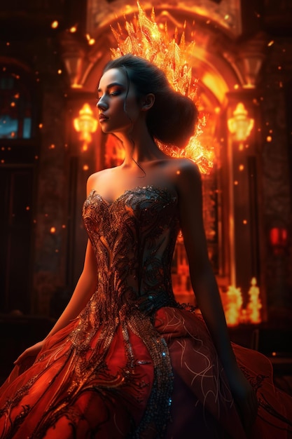 Una mujer con un vestido rojo con un fondo de fuego IA generativa