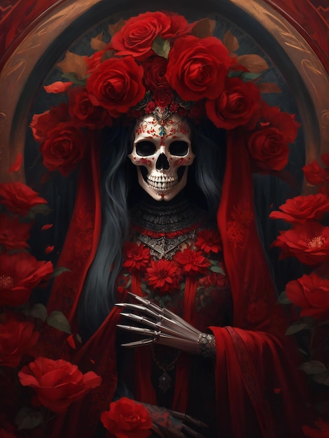 Una mujer con un vestido rojo se para frente a un fondo rojo y negro con rosas.