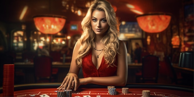 mujer con vestido rojo jugando juegos de casino