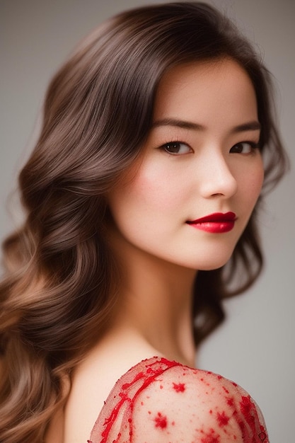 Una mujer con un vestido rojo con un labio rojo.