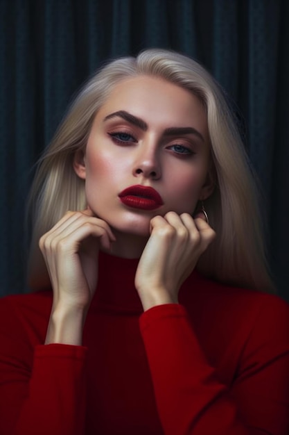 Una mujer con un vestido rojo con labios rojos y un fondo oscuro.