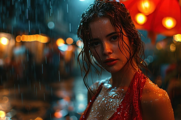 mujer con vestido rojo en la lluvia