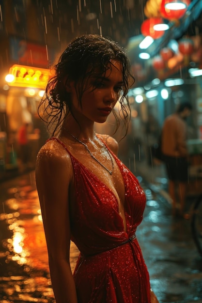 mujer con vestido rojo en la lluvia