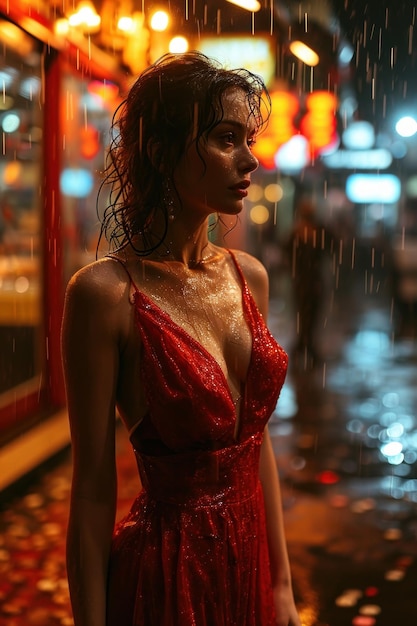 mujer con vestido rojo en la lluvia