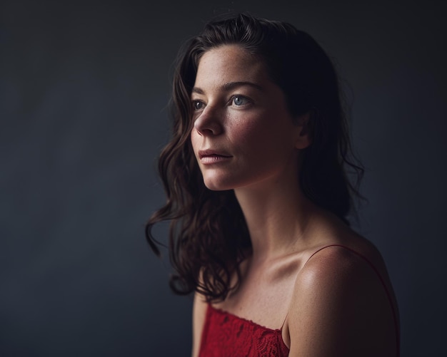 Una mujer con un vestido rojo mirando hacia el lado