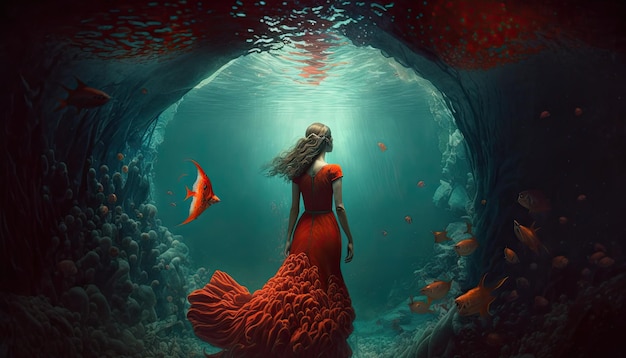 Mujer con vestido rojo ondulante caminando bajo el agua vista trasera hermoso paisaje submarino