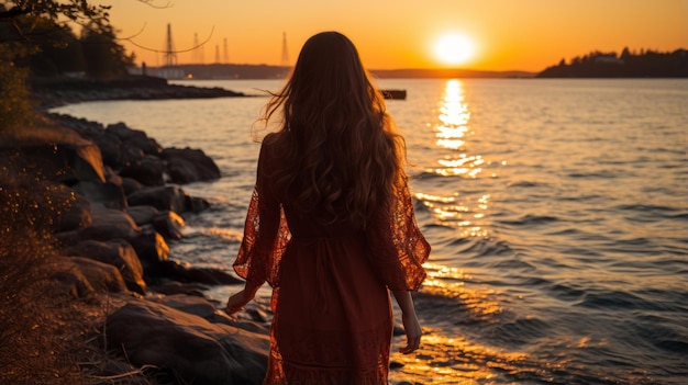 una mujer con un vestido rojo parada en la orilla de un cuerpo de agua al atardecer