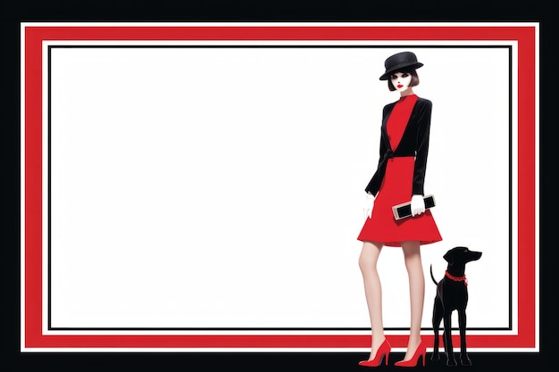 una mujer en un vestido rojo con un perro negro