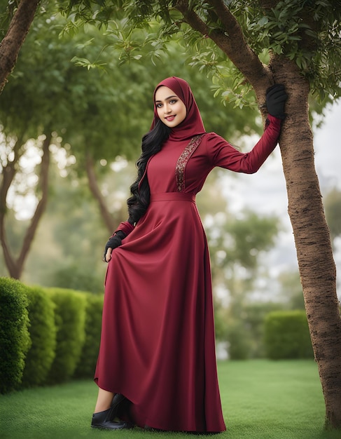 una mujer con un vestido rojo de pie frente a un árbol