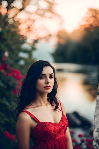 Mujer en un vestido rojo de pie frente a un lago