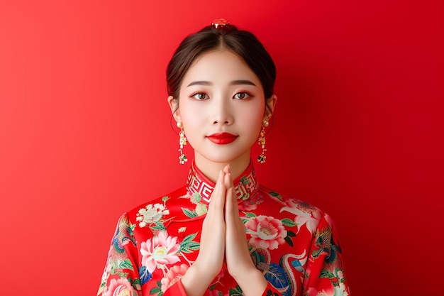 una mujer en un vestido rojo posando para una foto