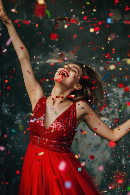 Una mujer con un vestido rojo ríe y baila en medio de una lluvia de confeti de colores