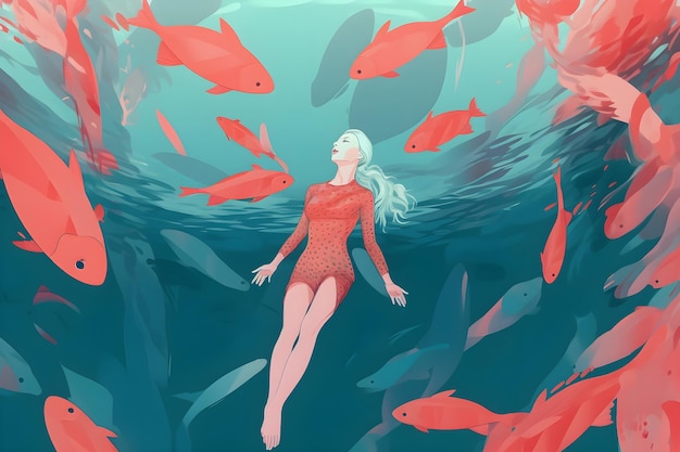 Una mujer con un vestido rojo rodeada de peces.