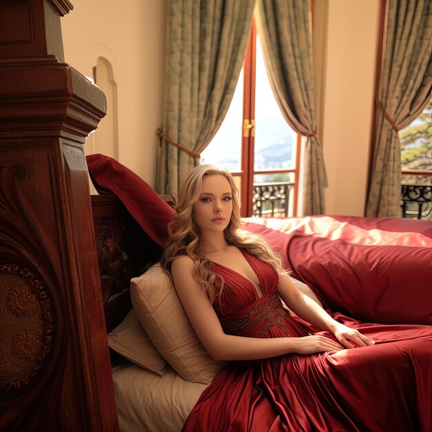 Foto una mujer con un vestido rojo se sienta en una cama frente a una ventana