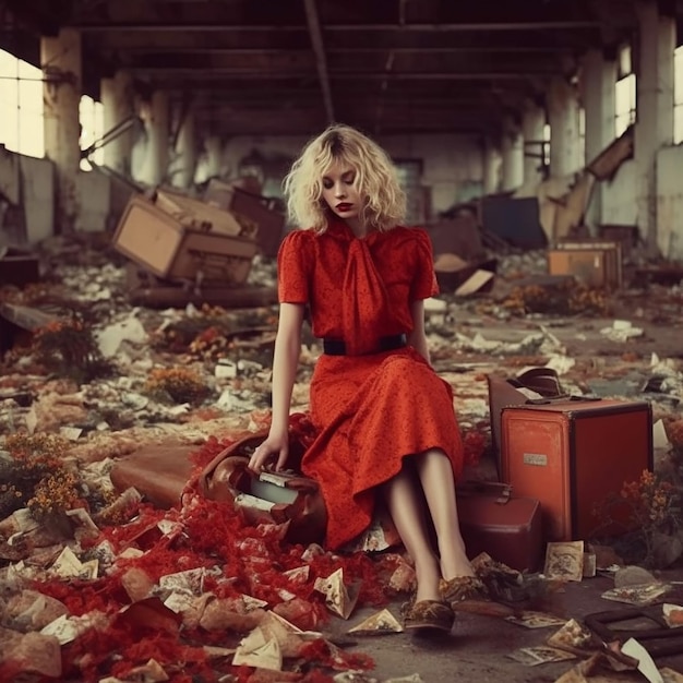 Una mujer con un vestido rojo se sienta sobre un montón de basura en una habitación desordenada con una caja roja y una caja roja.