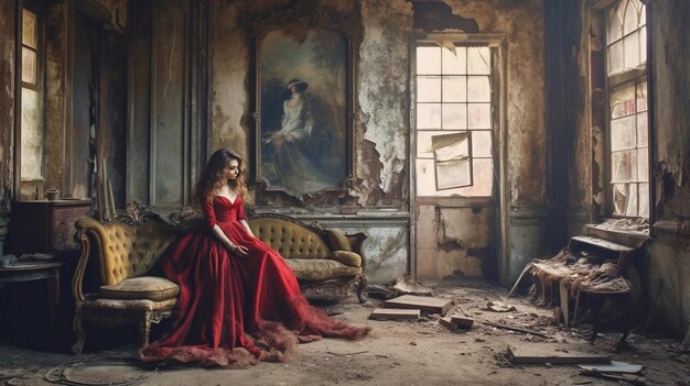 Foto una mujer con un vestido rojo se sienta en un sofá en una habitación en ruinas.