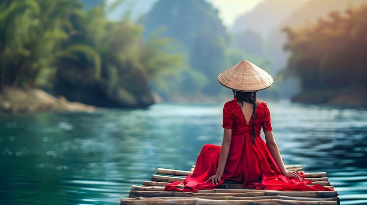 Foto mujer con vestido rojo y sombrero cónico se sienta en una balsa de bambú en un lago con montañas en el fondo