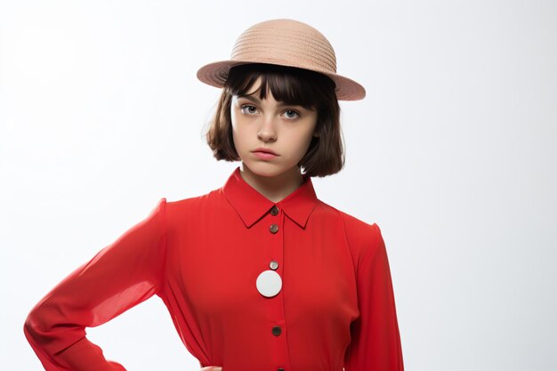 una mujer con un vestido rojo y un sombrero posando para una foto