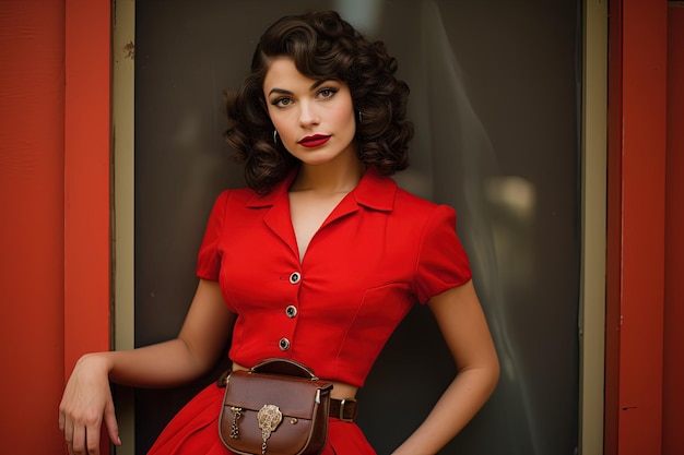 Una mujer con un vestido rojo sosteniendo un bolso marrón.