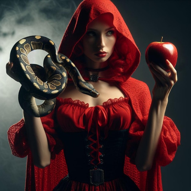 una mujer con un vestido rojo sosteniendo una manzana y una serpiente