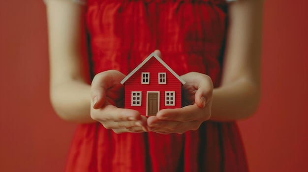 Foto una mujer con un vestido rojo sosteniendo una pequeña casa roja