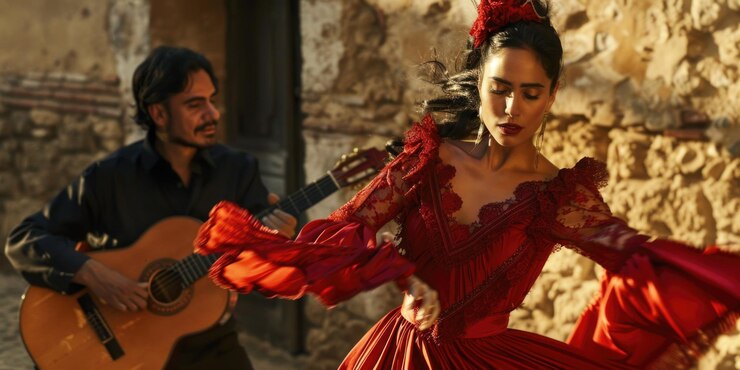 Una mujer con un vestido rojo toca la guitarra en un escenario o en casa