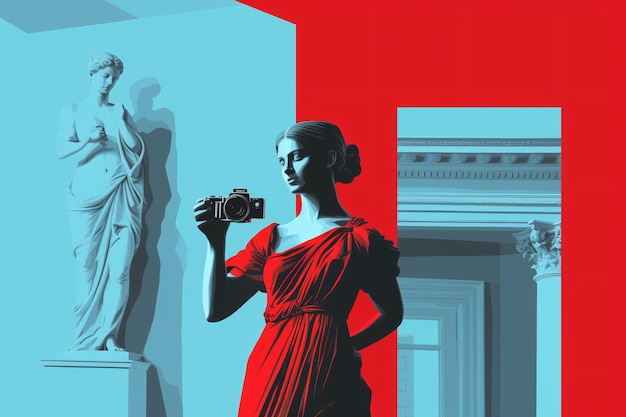 Foto una mujer con un vestido rojo tomando una foto con una cámara