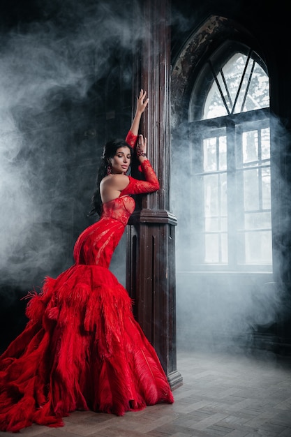 Mujer vestido rojo vintage Castillo viejo Bella princesa en vestido seductor Elegante historia de cuento de hadas femenino caucásico cerca de ventana grande con niebla de humo