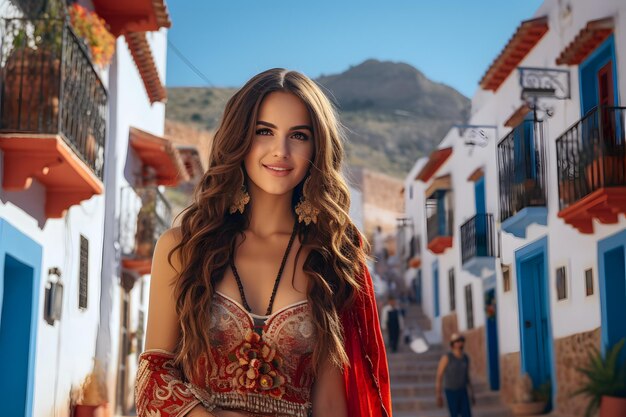 Mujer con vestido rojo visita la ciudad azul en Marruecos Turista feliz en la calle en la ciudad marroquí