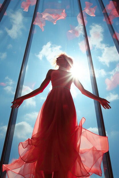 Foto una mujer con un vestido rojo.