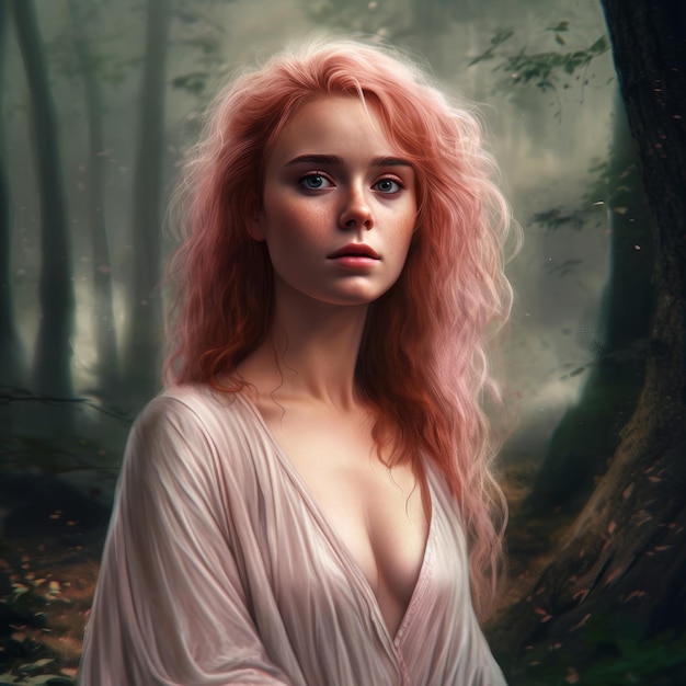 Una mujer con un vestido rosa se encuentra en un bosque.