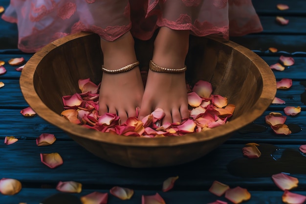 Una mujer con un vestido rosa está sumergiendo sus pies en un cuenco de flores.