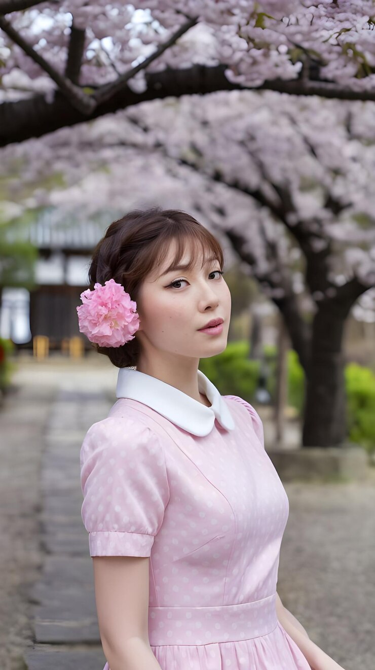 una mujer con un vestido rosa con una flor rosa en el cabello