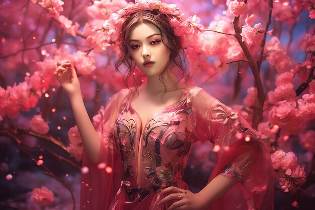Una mujer con un vestido rosa con flores en la cabeza se encuentra en un fondo rosa. Imagen Premium generada con IA