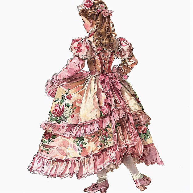 una mujer con un vestido rosa con flores en la parte inferior