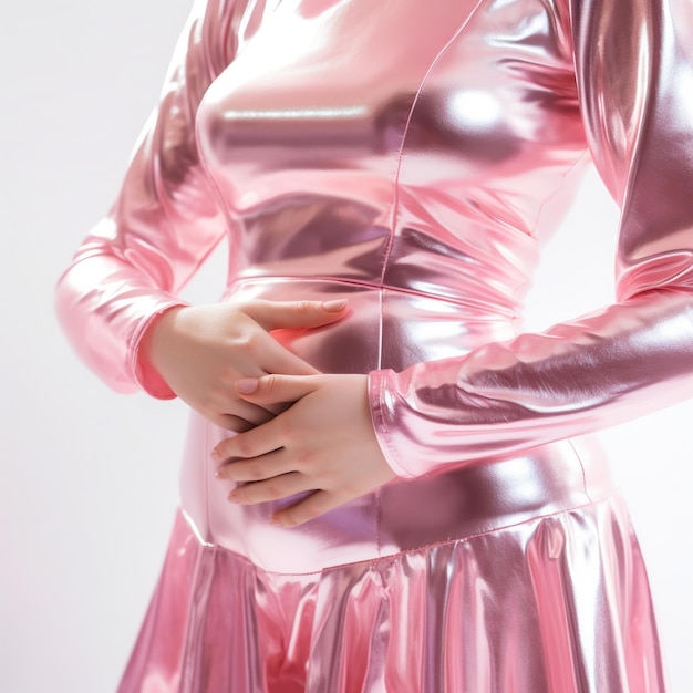 Foto una mujer con un vestido rosa con las manos en las rodillas