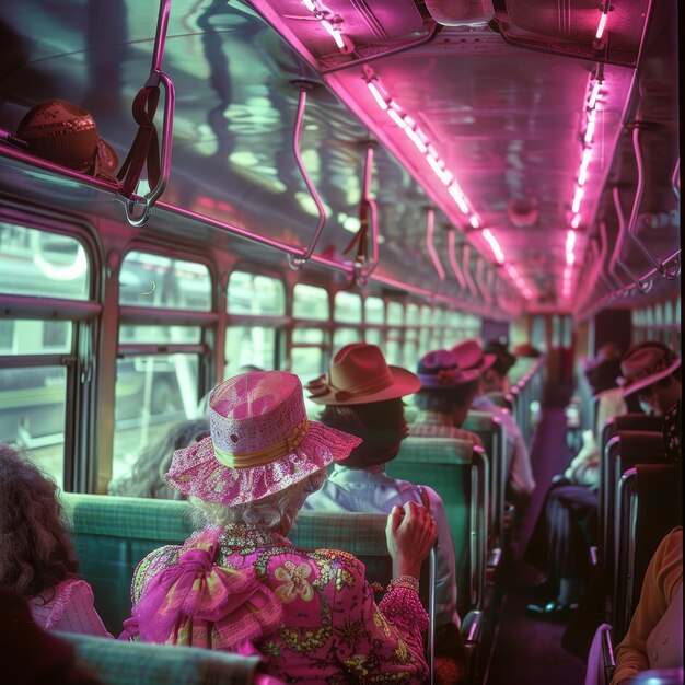 Foto una mujer con un vestido rosa está montando un autobús con un sombrero rosa