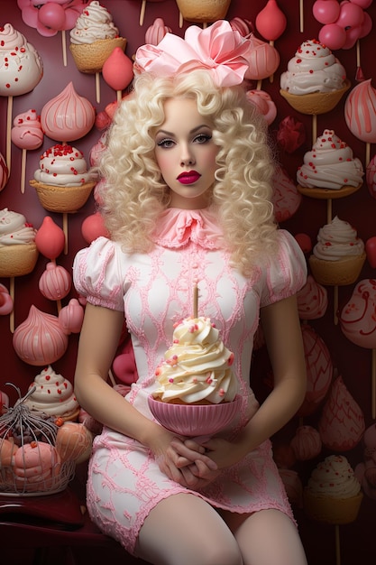 una mujer en un vestido rosa con un pastel y un pastel con una vela en él