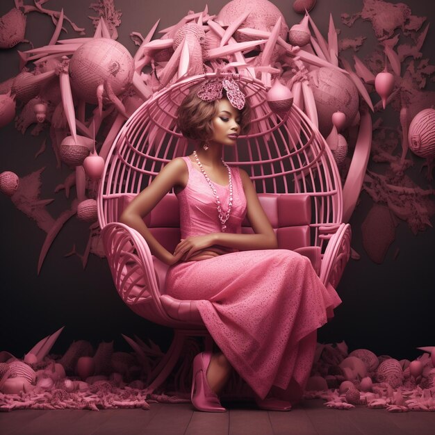 Una mujer con un vestido rosa se sienta en una jaula de pájaros rosa.