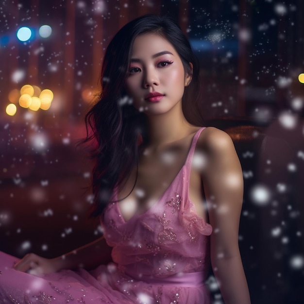 una mujer con un vestido rosa se sienta en la nieve