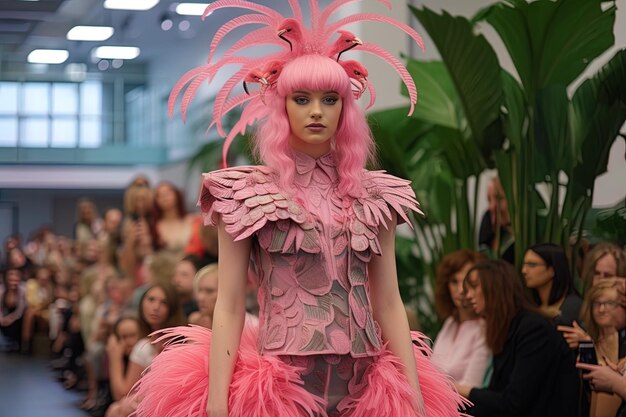 una mujer en un vestido rosa con un sombrero de plumas rosas