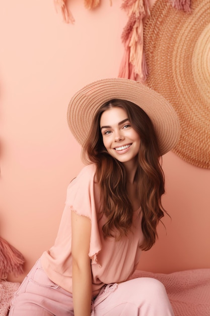 Una mujer con un vestido rosa y un sombrero posa frente a una pared rosa.